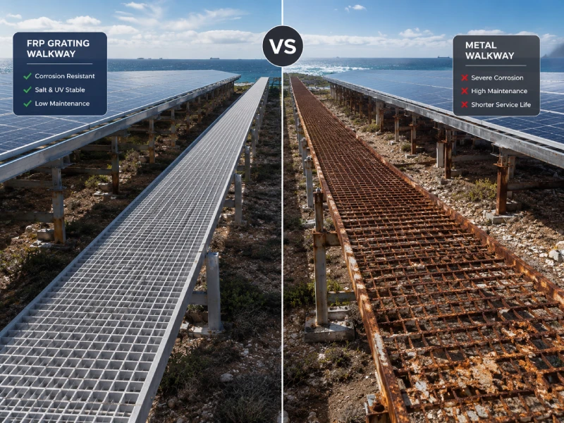 Hvorfor FRP rist er det bedste materiale til PV O&M gangbroer (FRP solgitter vs metal)