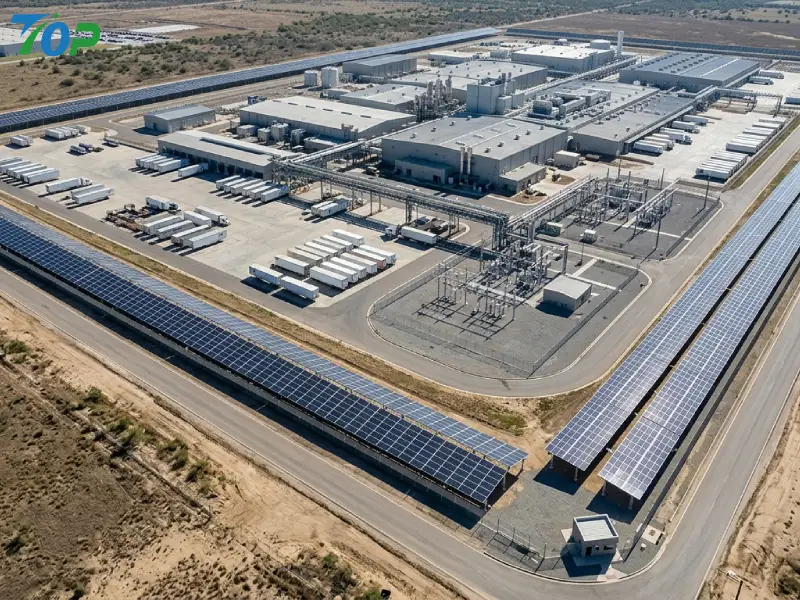 Drone view of 500-meter photovoltaic fence surrounding industrial manufacturing facility